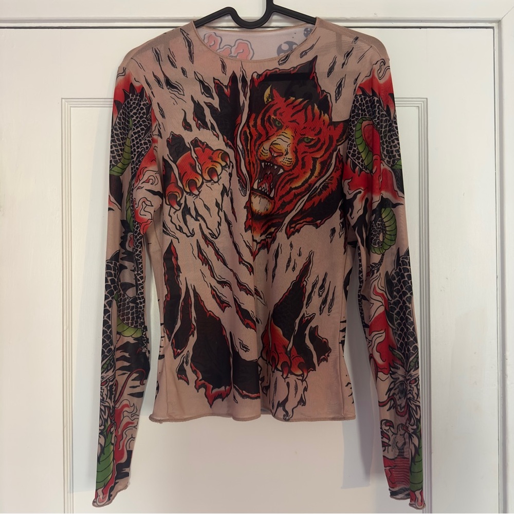 Sheer Mesh Graphic Tiger Long-Sleeve Women's Top